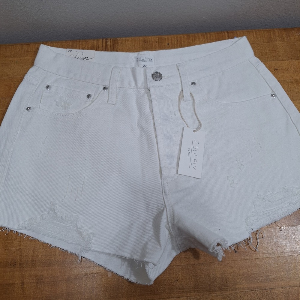 New ZSupply Denim Jean Shorts Womens 29 White HighRise Distressed Raw Hem Cutoff